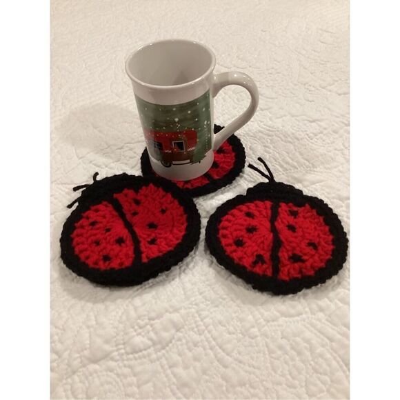 Ladybug Crochet Coaster Set 4 Piece - Picture 1 of 4